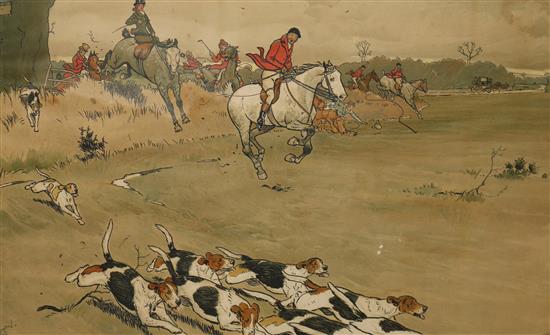 After Cecil Aldin, a coloured lithograph, The Oxford Coach and a set of four Fallowfield hunting prints,